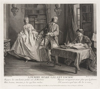 KG 12909
<br/>
Voor de gierige vrouw een galante zwendelaar.
<br/>
<em>Larmessin, Nicolas IV de (1684-1756)</em>